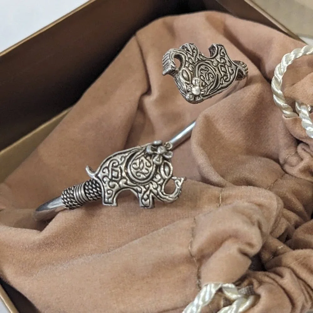 QVC Sterling Silver .925 Elephant Bypass Cuff Bracelet Antiqued Ornate Filigree